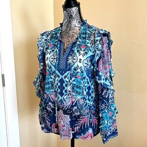 Hale Bob Blue and Pink Floral silk women’s blouse/Top size small
